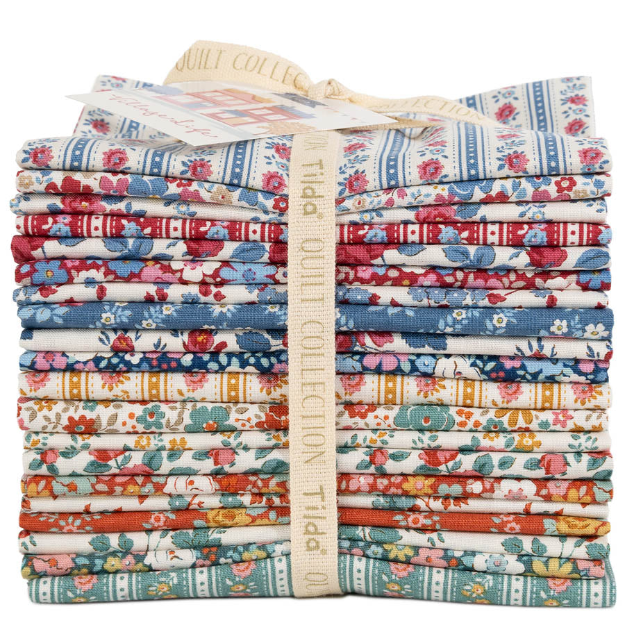 Village life print fat quarter bundle, folded stacks in blue, red, orange, green