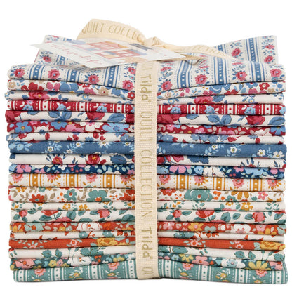 Village life print fat quarter bundle, folded stacks in blue, red, orange, green