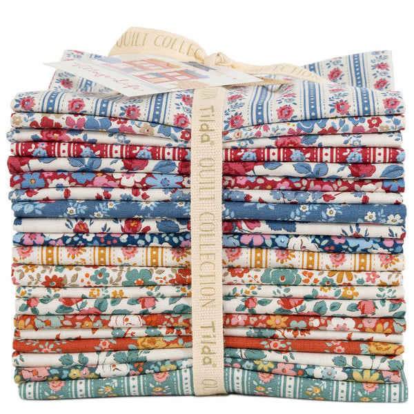 Village life print fat quarter bundle, folded stacks in blue, red, orange, green