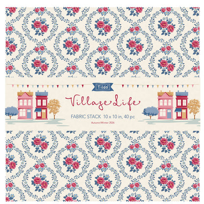 10-inch fabric squares stack with cream background, blue vines, and pink rose motifs