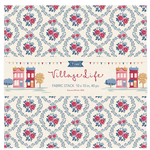 10-inch fabric squares stack with cream background, blue vines, and pink rose motifs
