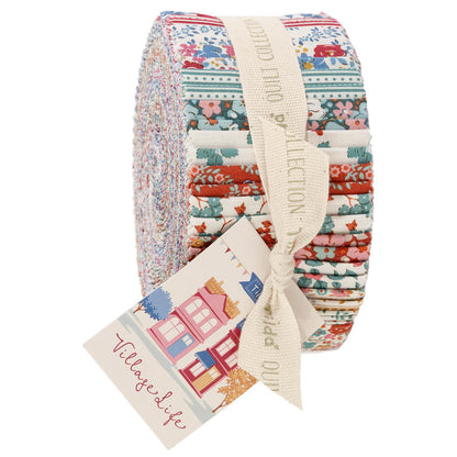 Colorful village life quilt fabric strip roll, 2.5-inch strips with ribbon wrap