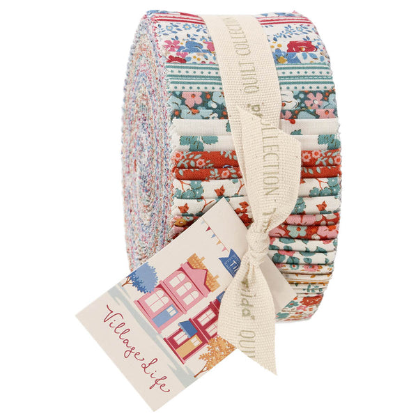Colorful village life quilt fabric strip roll, 2.5-inch strips with ribbon wrap