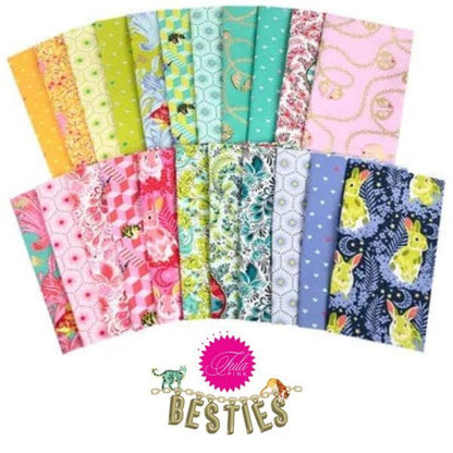 Besties quilt fabric bundle with assorted colorful prints in folded fat quarters