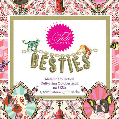 Tula Pink Besties quilt kit box cover with floral background and gold dog illustrations