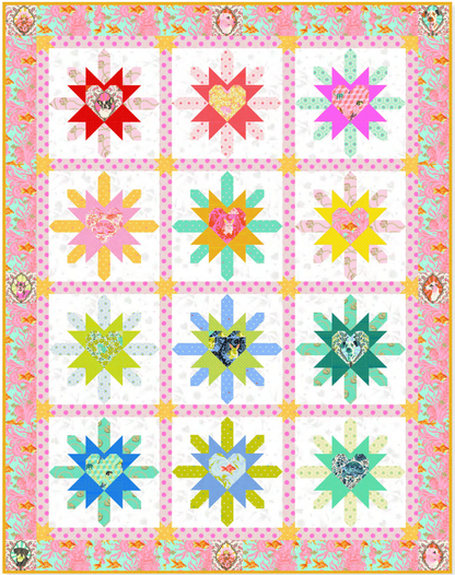 Heart Burst quilt kit with colorful square patchwork blocks and pink border