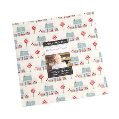 Cotton fabric layer cake, cream, blue, and red house and tree prints