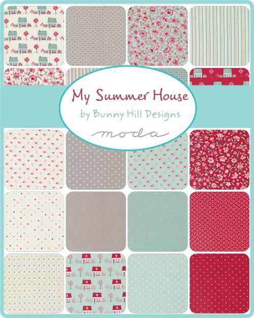 Fabric layer cake squares with red florals, gray dots, stripes, and cottage scenes