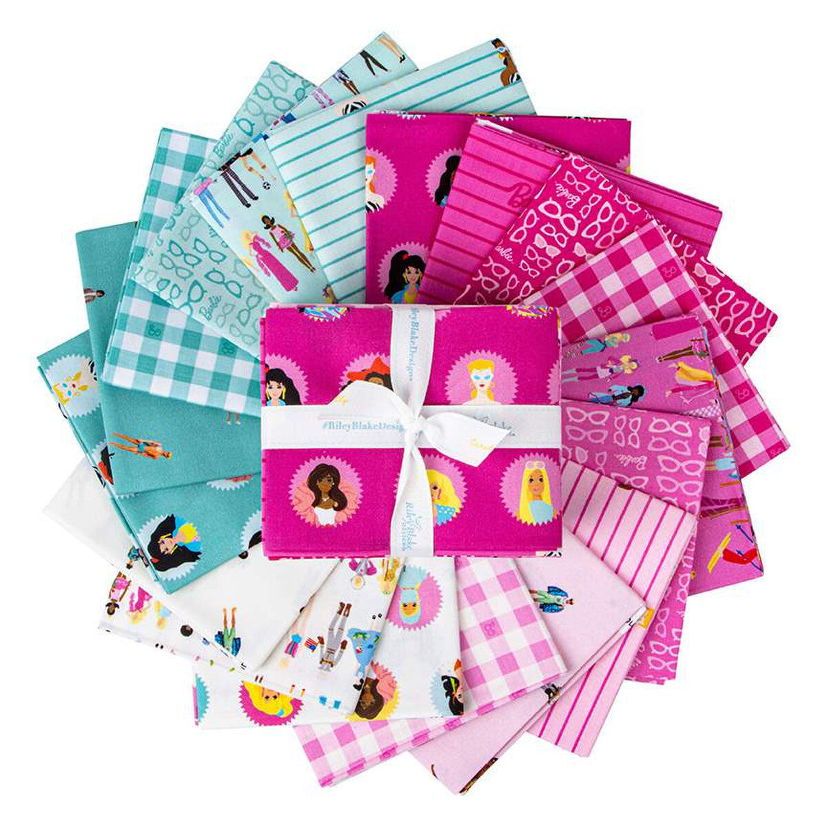 Cotton fat quarter bundle of folded squares featuring teal and pink checks, stripes, and character prints