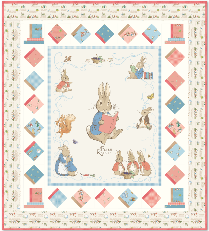 Peter Rabbit story themed quilt top with pastel border blocks and framed center panel
