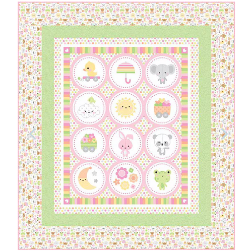 Baby animals boxed quilt panel with circular critters in pastel frames