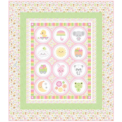 Baby animals boxed quilt panel with circular critters in pastel frames