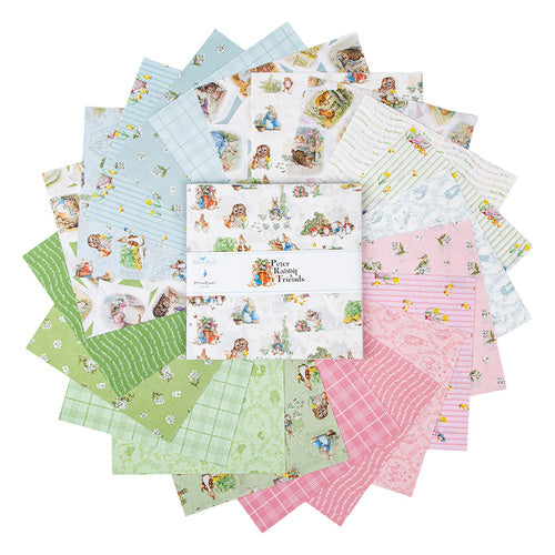 Peter Rabbit Friends 10-inch fabric squares stack, assorted pastel bunny and garden prints
