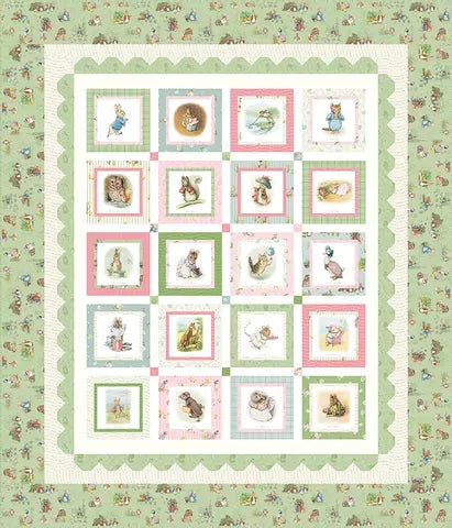 Quilt kit panel featuring framed patchwork squares with animal story scenes