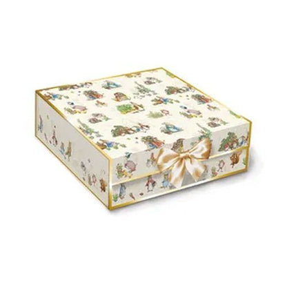 Boxed quilt kit with animal-print fabric top and gold ribbon bow