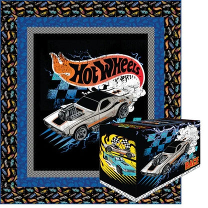 Racing car quilt block kit with Hot Wheels design and blue border, framed layout