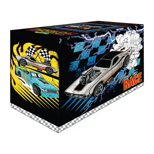 Hot Wheels racing quilt kit box with car artwork, checkered stripes and blue graphics