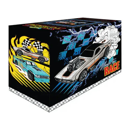 Hot Wheels racing quilt kit box with car artwork, checkered stripes and blue graphics