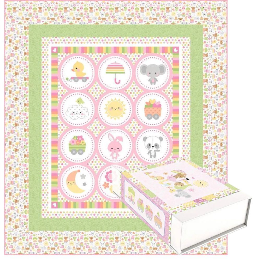 Baby animals quilt panel with circular critter motifs and pastel striped border