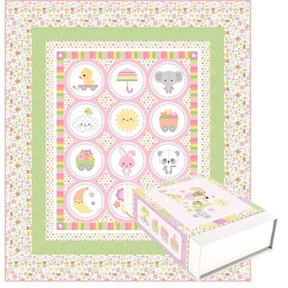 Baby animals quilt panel with circular critter motifs and pastel striped border