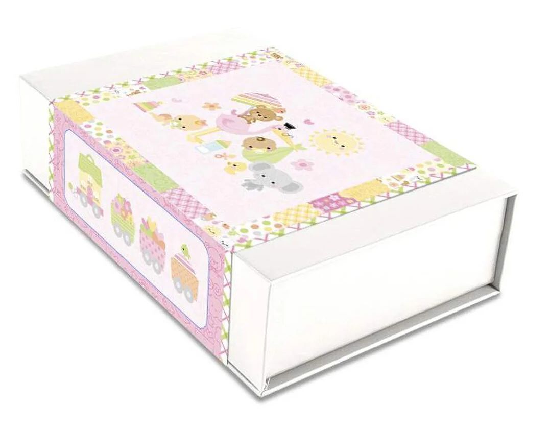 Baby animals quilt panel in a box, showing pastel animal blocks and borders