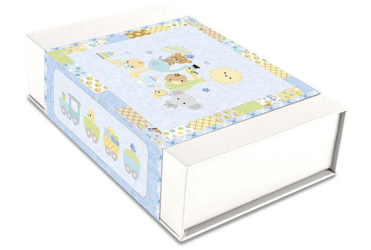 Baby animals quilt panel top on box, blue and green patchwork with road-trip animal blocks