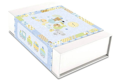 Baby animals quilt panel top on box, blue and green patchwork with road-trip animal blocks