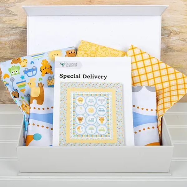 Baby animals quilt panel kit in open box, printed fabrics and yellow check backing