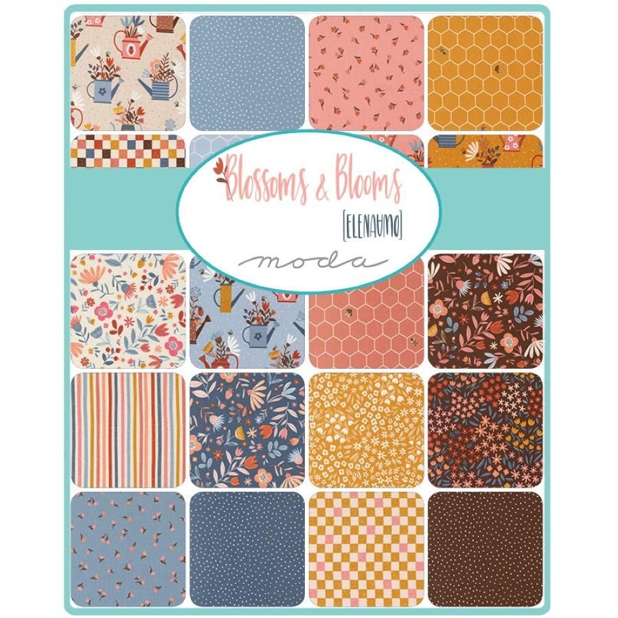 Jelly roll fabric assortment card showing rows of pastel florals, checks, and hexagon patterns
