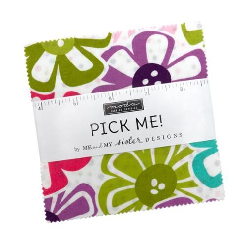 Charm pack of 5-inch fabric squares in pink, purple, green, and white assortment pouch
