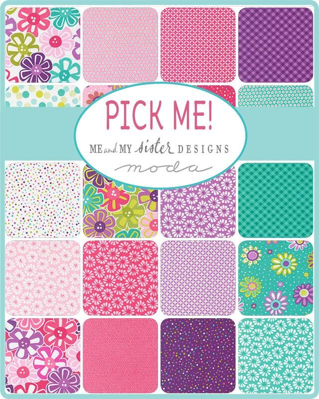Assorted charm pack of 5-inch fabric squares with floral and dot patterns, pink and teal
