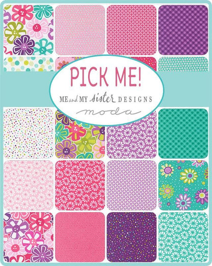 Assorted charm pack of 5-inch fabric squares with floral and dot patterns, pink and teal