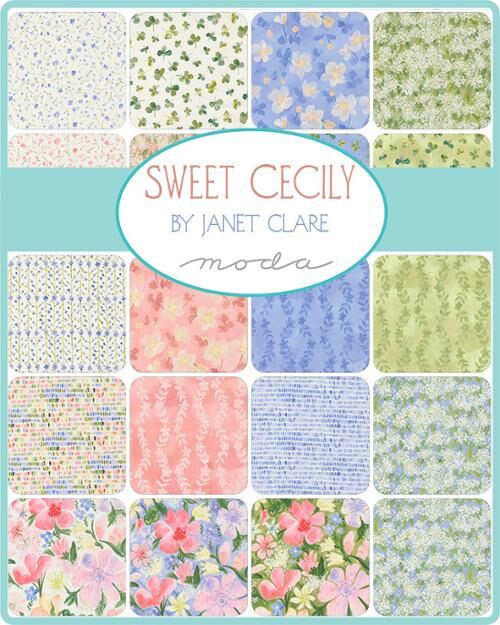 Coordinated fabric assortment with pastel floral prints in greens, blues, and pinks