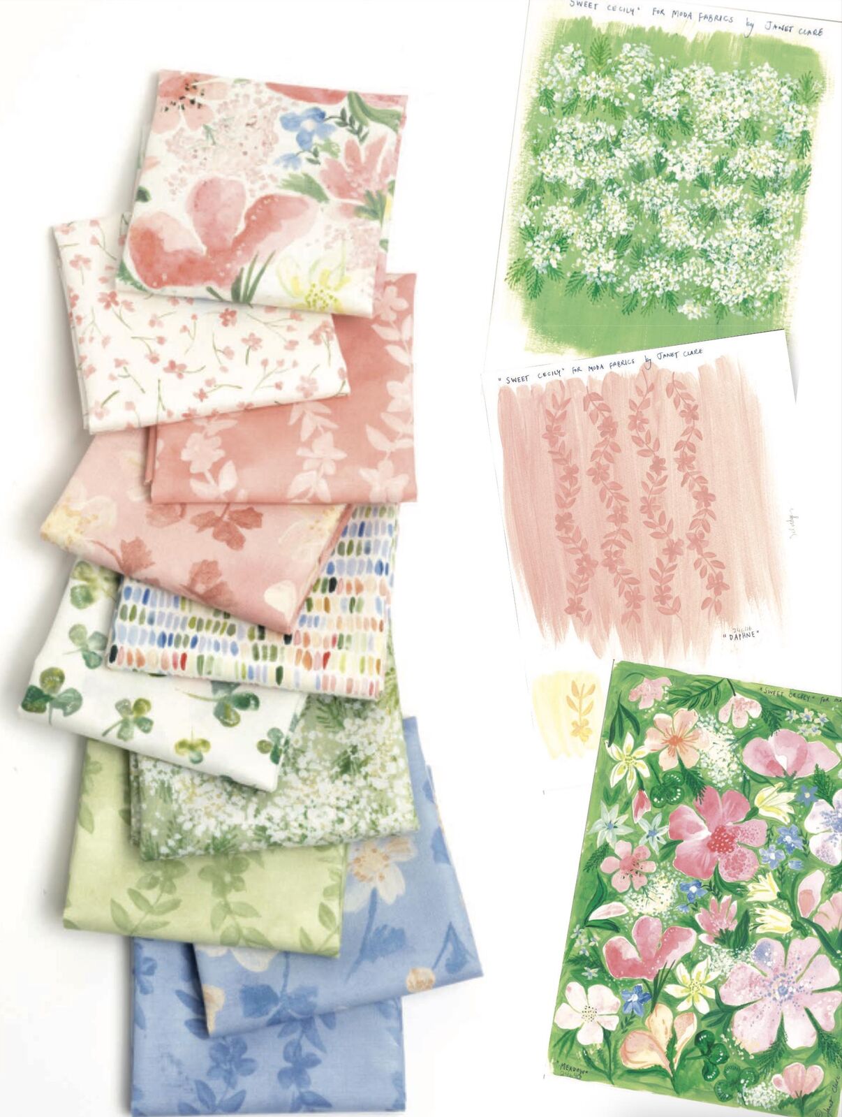 Stacked pastel floral fabric prints in pink, blue, and green, folded in bundles