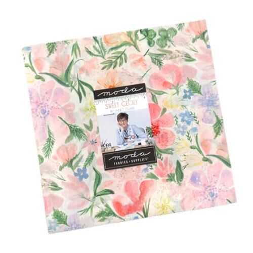 Floral patchwork layer cake fabric squares in pastel pink, green, and blue pack