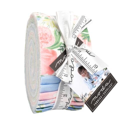 Jelly roll of 2.5" floral fabric strips in pastel pink, blue, and green, bundled