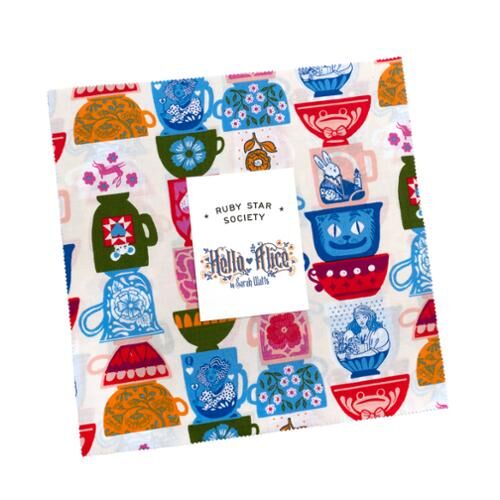 Cotton patchwork squares, multicolor Hello Alice Wonderland teacup cat prints