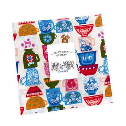 Cotton patchwork squares, multicolor Hello Alice Wonderland teacup cat prints