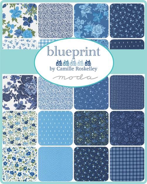 Blueprint by Camille Roskelley fabric assortment with blue and white printed squares