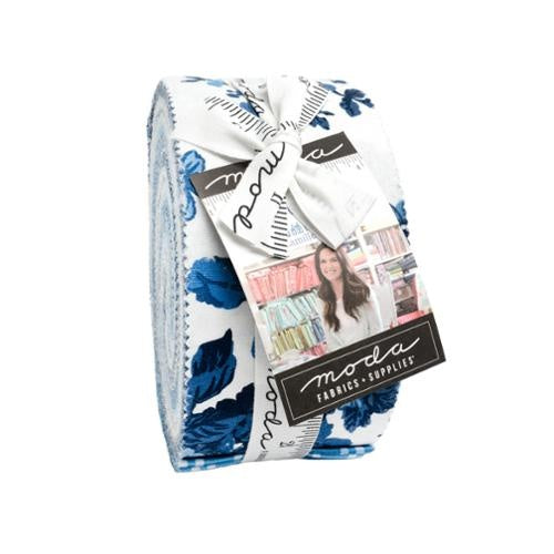 Moda jelly roll fabric bundle, 2.5-inch strips in blue and white floral prints