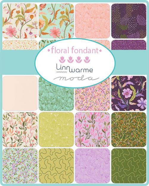 Floral fondant charm pack color card showing multicolor 5-inch squares with botanical prints