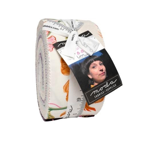 Floral jelly roll fabric bundle in pastel and warm tones, wrapped in Moda packaging
