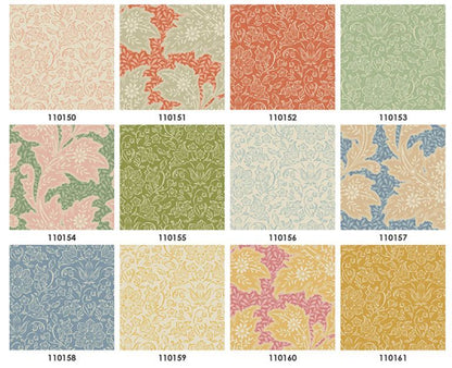 Fat quarter fabric swatches grid with floral patterns in beige, red, green, blue, and gold