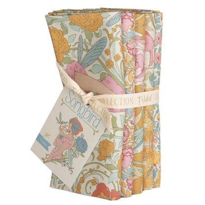 Mustard floral bird fat quarter fabric bundle with folded coordinating prints