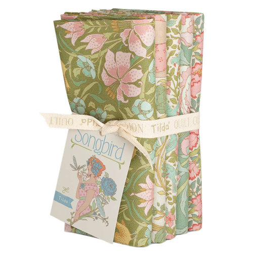 Quilt fabric fat quarter bundle with green, pink floral bird prints, assorted squares