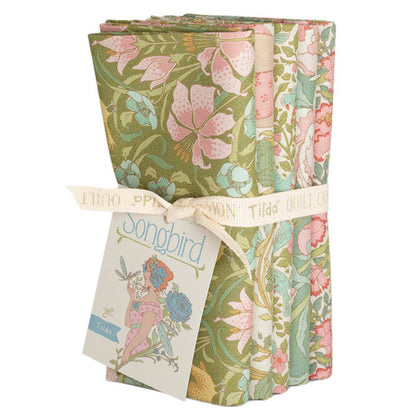 Quilt fabric fat quarter bundle with green, pink floral bird prints, assorted squares