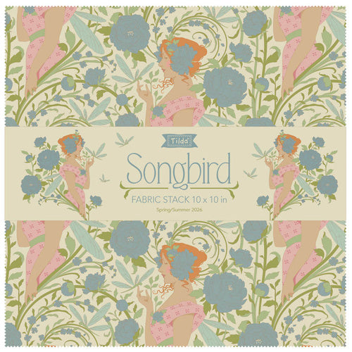 Fabric layer cake with pastel songbird and floral prints, 10 in squares stack