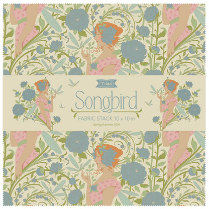 Fabric layer cake with pastel songbird and floral prints, 10 in squares stack