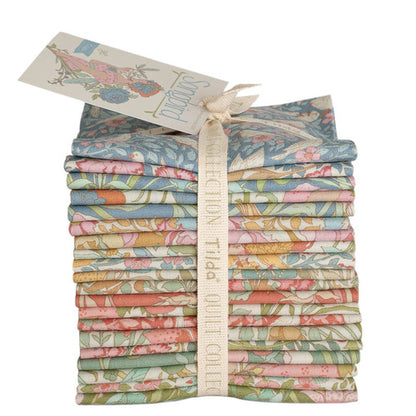 Quilt fabric bundle, pastel bird and floral prints, neatly stacked fat eighths
