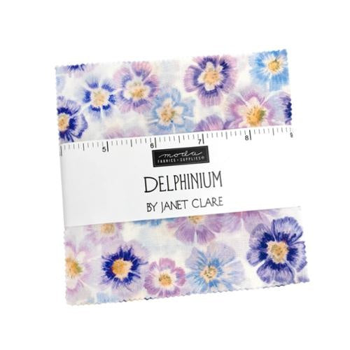 Purple floral charm pack with 5-inch quilting squares, light blue and lavender print